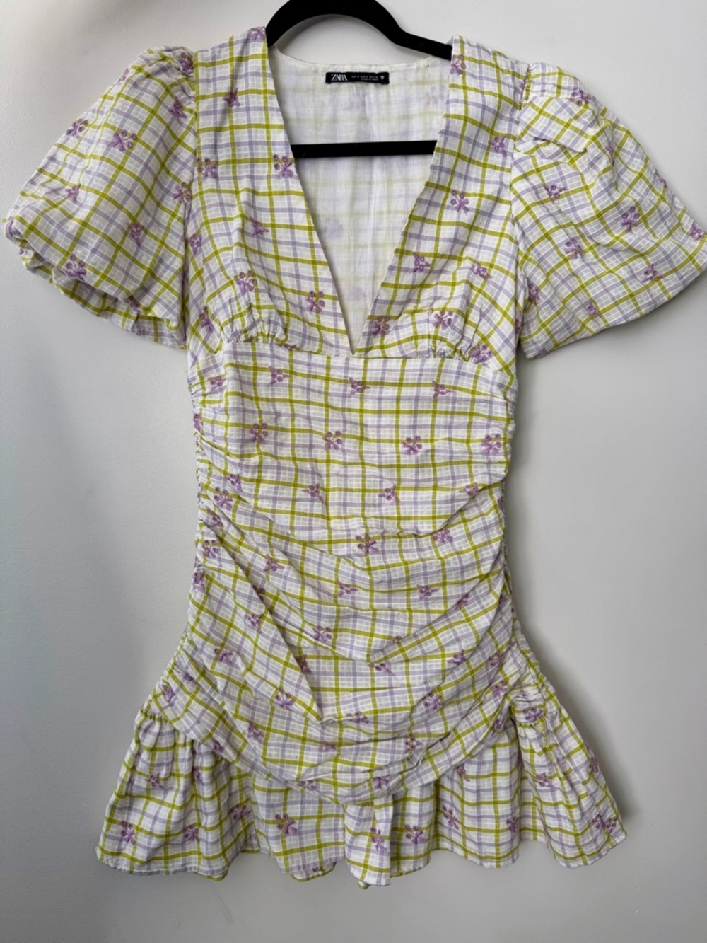 ZARA White Lime Lilac Plaid Floral V-Neck Ruched Puff Sleeve Mini Dress Small